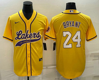 Mens Los Angeles Lakers #24 Kobe Bryant Yellow With Patch Cool Base Stitched Baseball Jersey